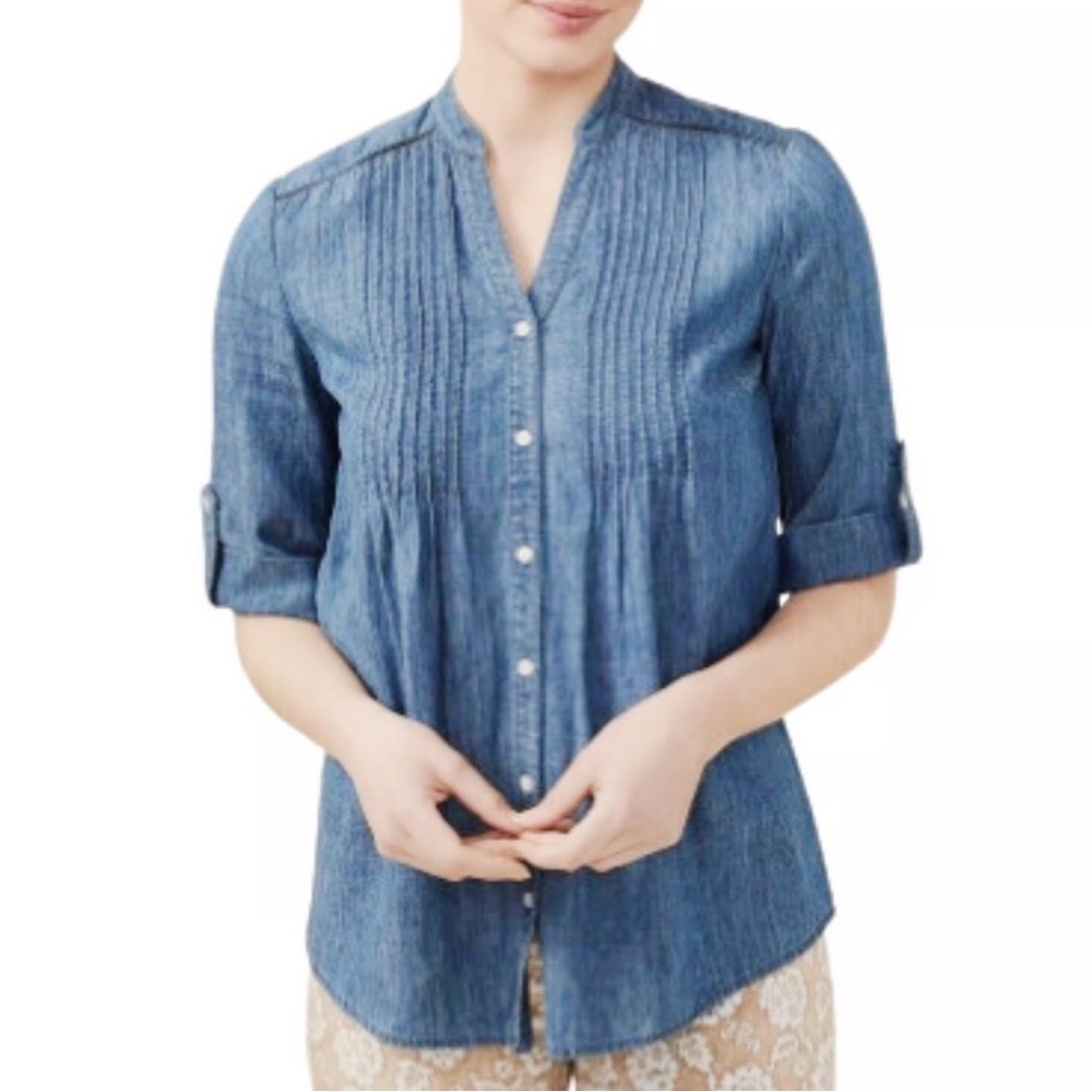 J McLaughlin Blue Chambray Riviera Linen Blend Blouse Sz M Roll Sleeve Rn159238